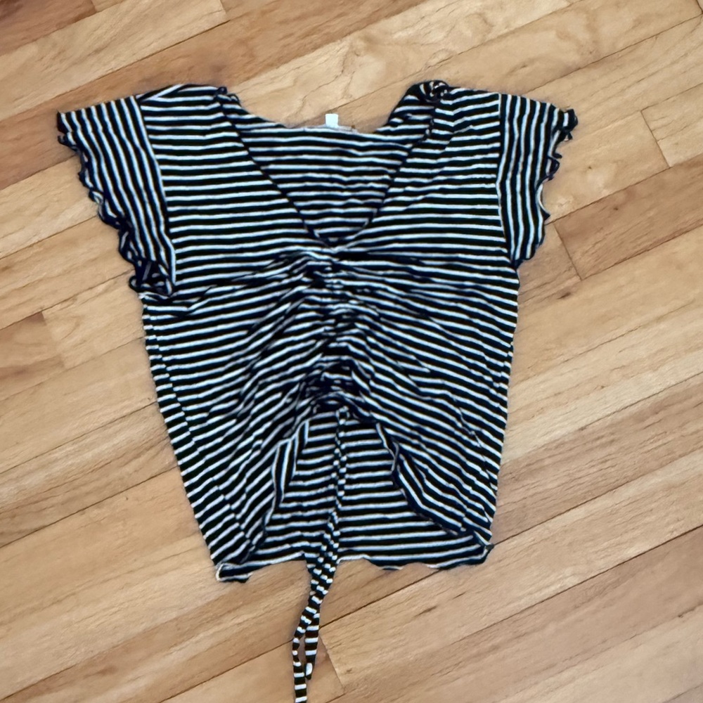 Elegant Black and White Striped Ruched Blouse